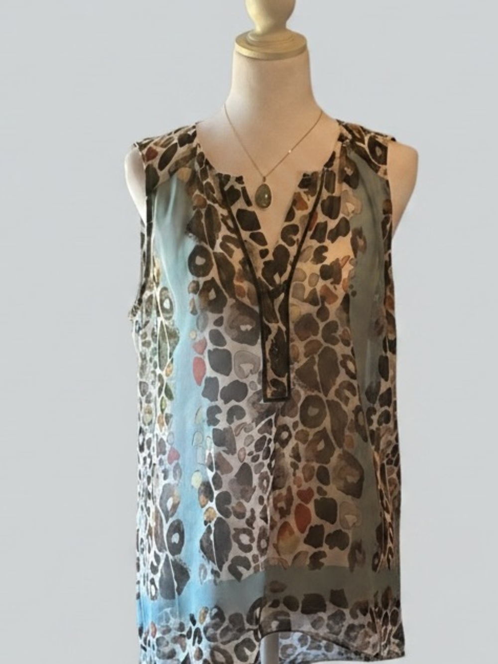 Hale Bob Leopard Sheer Tank Top with Stone Pendant Necklace